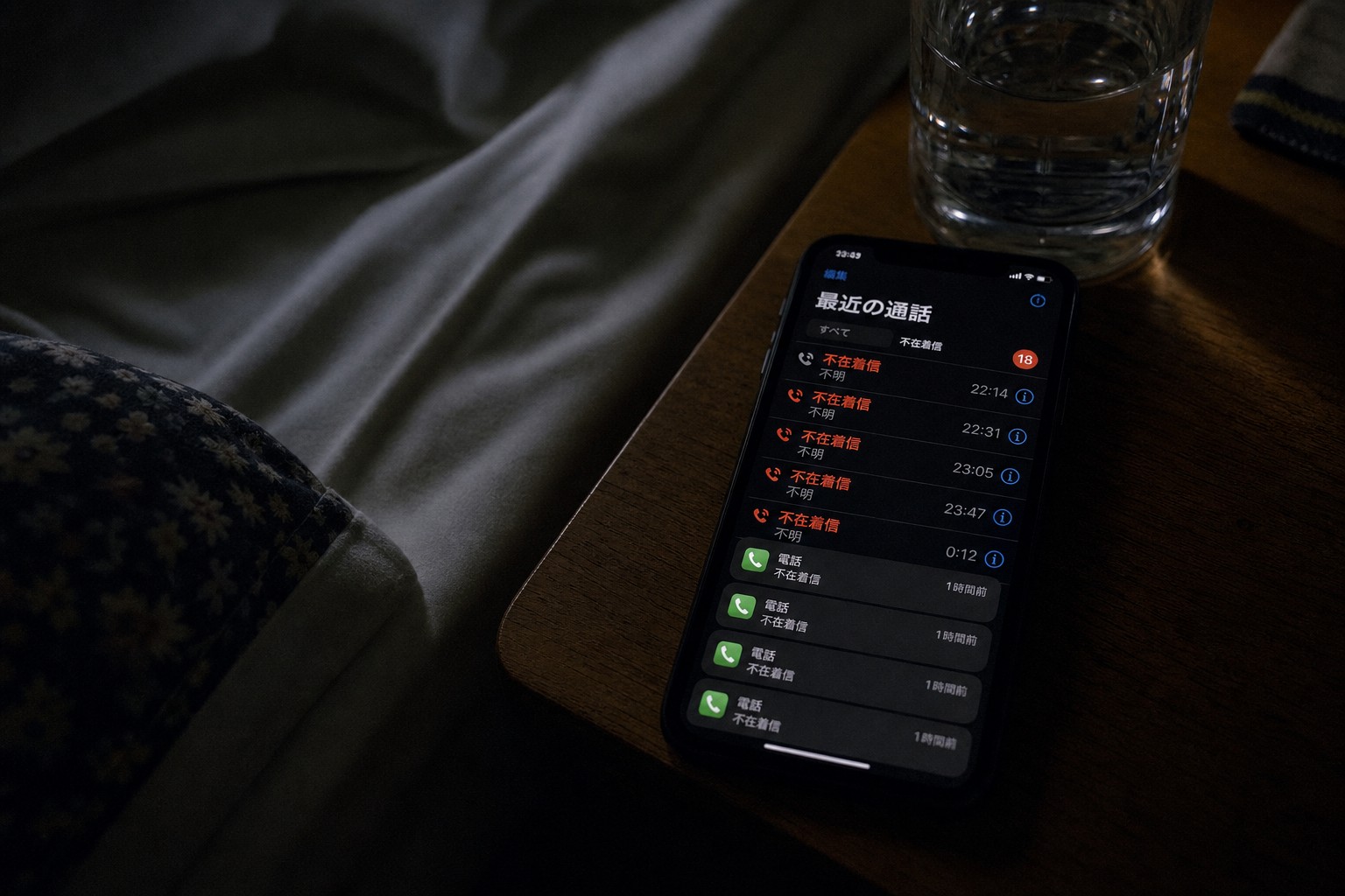 暗い部屋のベッドサイドで、スマホに不在着信が溜まっている